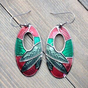 Vintage Edgar Berebi Oval Tropical Red Green Enamel Silver Tone Drop Earrings